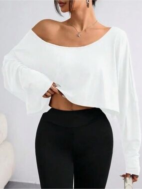 Off-Shoulder White Cropped Long-Sleeve Top